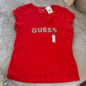 GUESS Vivid Red Short Sleeve Tee with silver glitter logo NWT